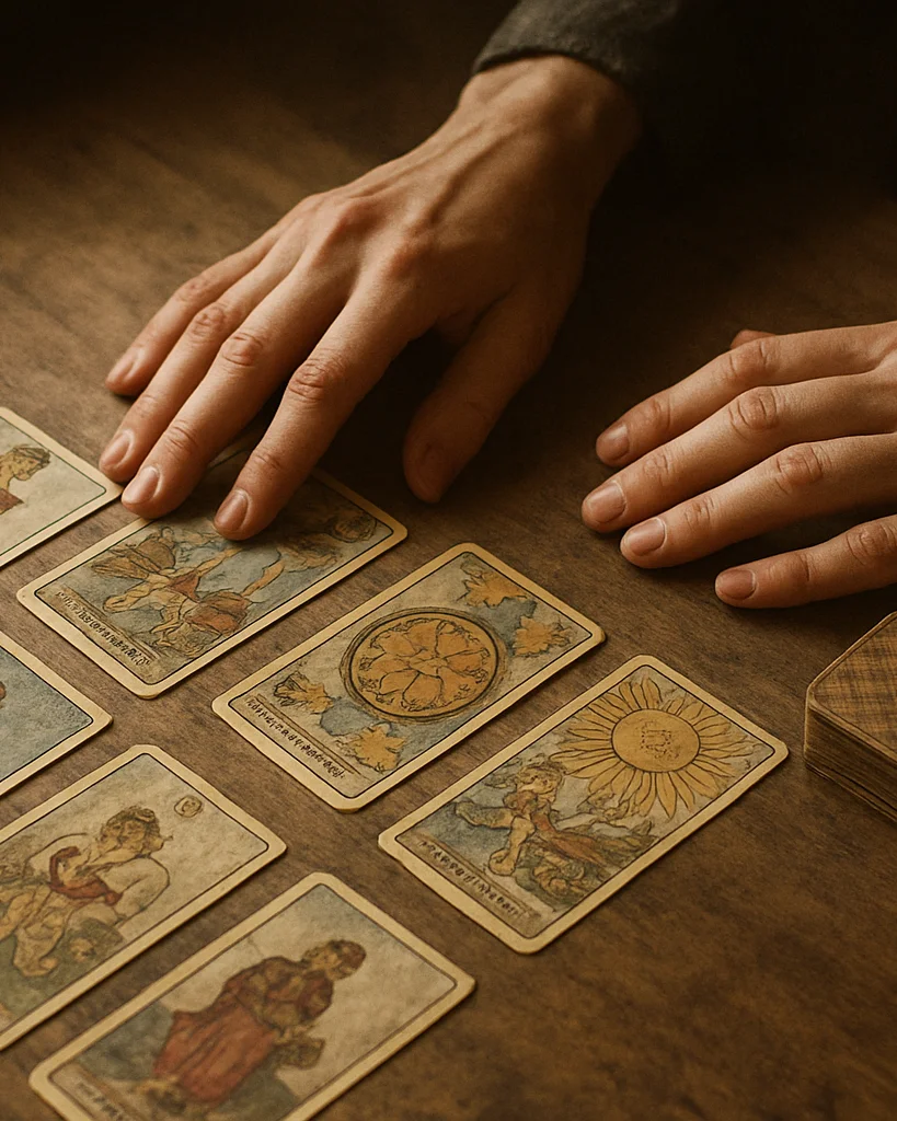 Manos sobre una tirada de cartas de tarot en una mesa de madera,