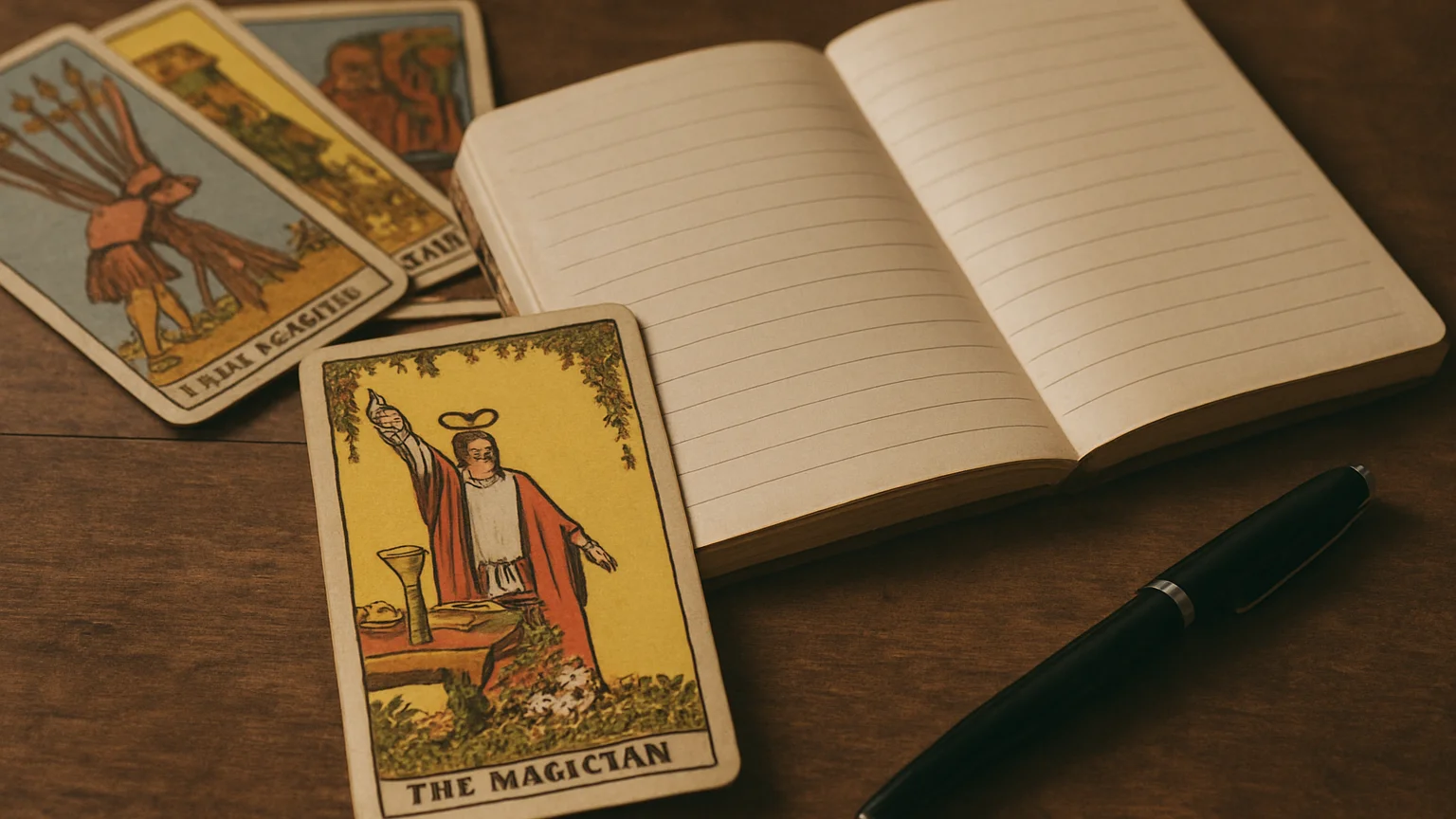 Cartas de tarot y una libreta de notas sobre una mesa de madera, luz natural tenue, encuadre de detalle, fotografía edit