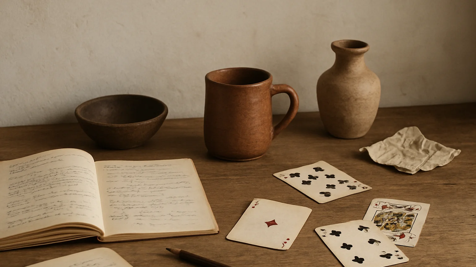 Mesa de estudio con apuntes, cerámica y cartas dispuestas, paredes encaladas al fondo, luz natural suave, fotografía edi