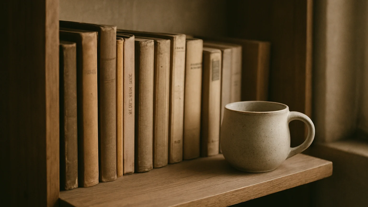Estantería de madera con libros y una taza de cerámica, luz natural tenue desde una ventana, sombras suaves, fotografía