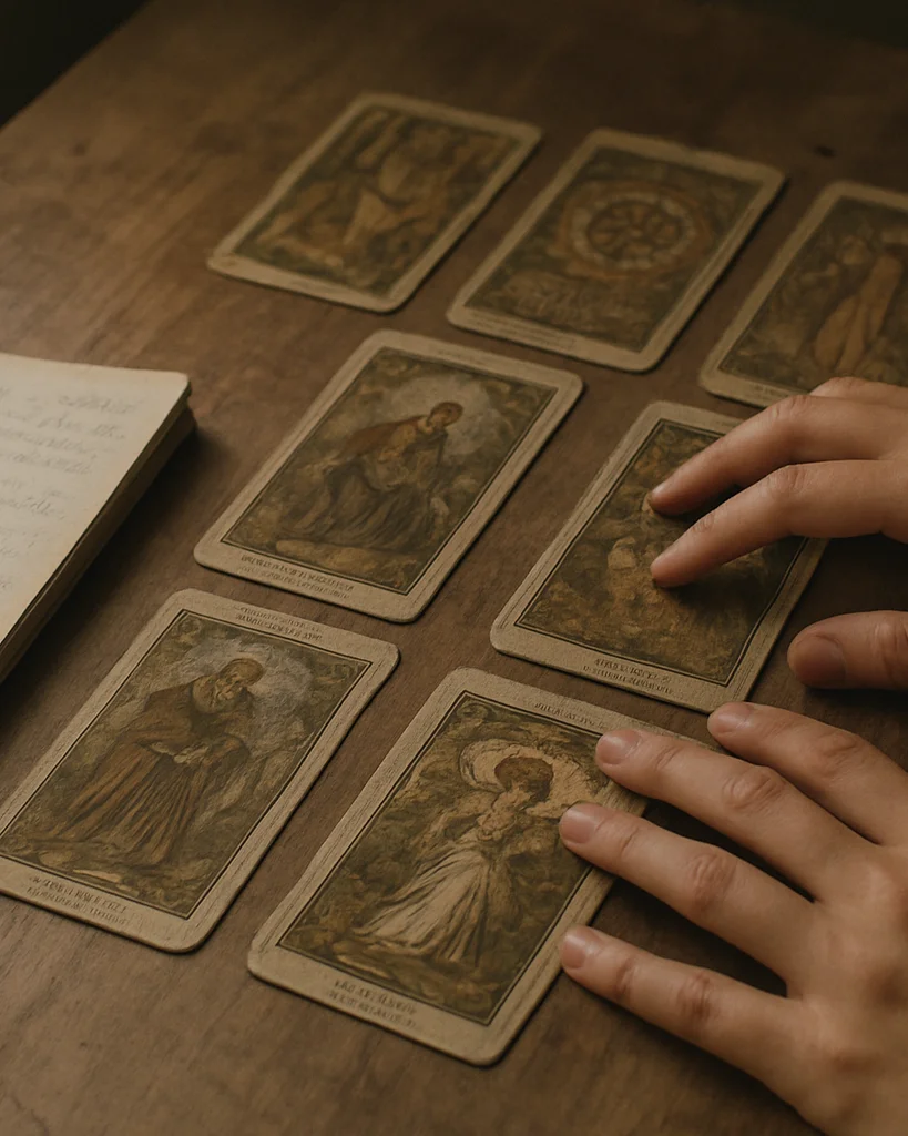 Manos sobre una mesa de madera con cartas de tarot abiertas y una