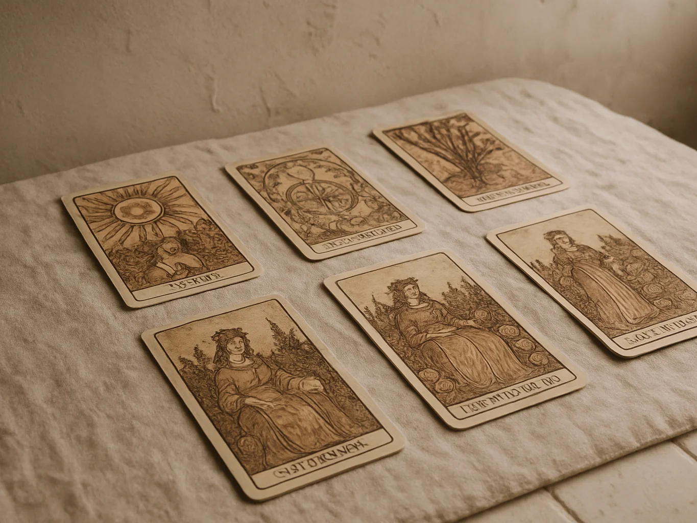 Cartas de tarot dispuestas sobre un paño de lino en una mesa de cerámica, luz natural suave lateral, sombras delicadas,