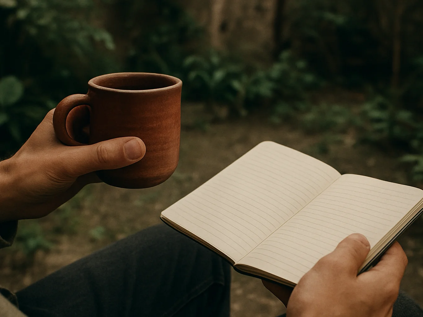 Manos de una persona sosteniendo una taza de barro junto a una libreta abierta, en un patio sencillo con vegetación habi