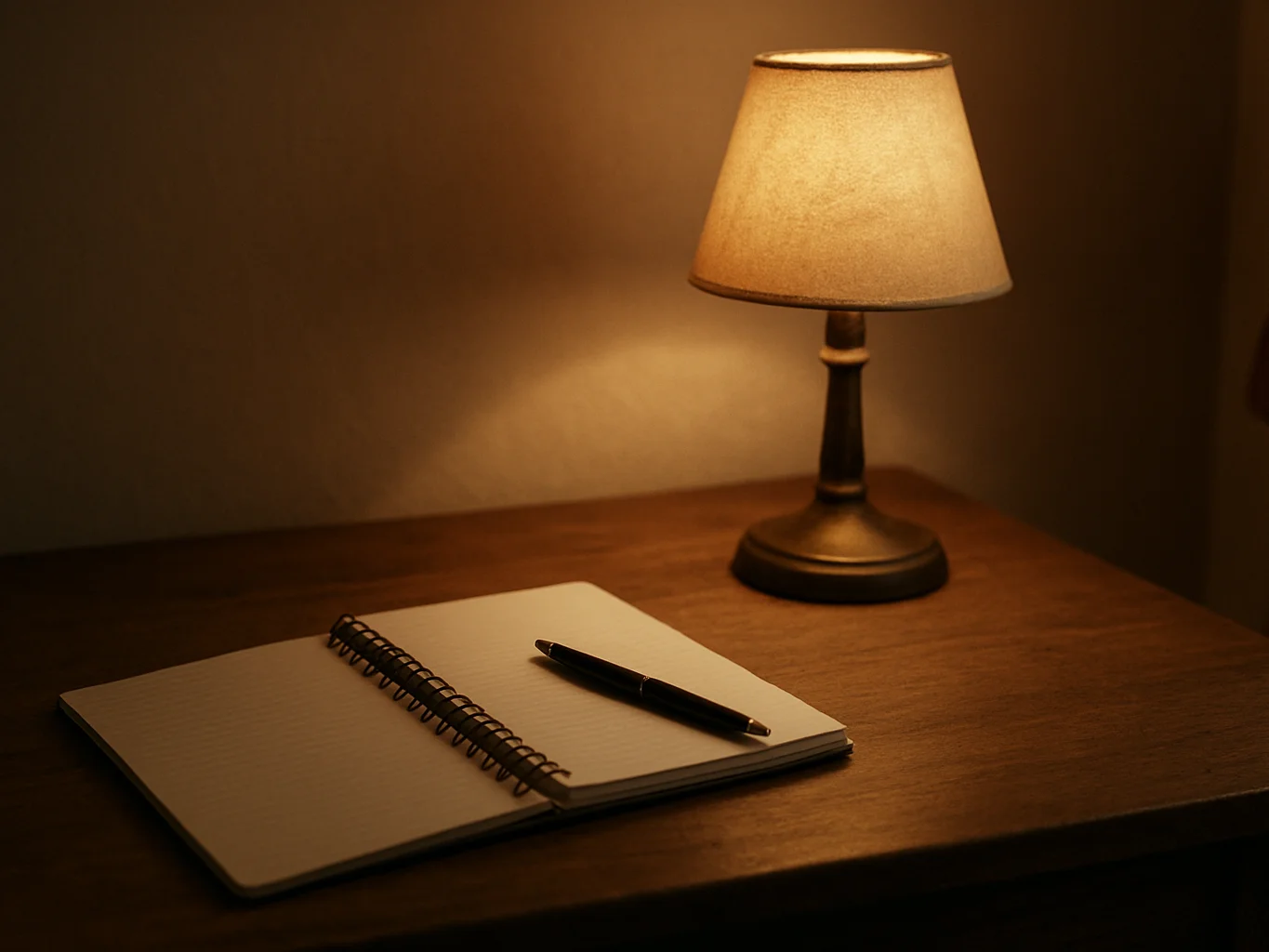 Mesa de trabajo de madera con un cuaderno, un bolígrafo y una lámpara de sobremesa encendida en un interior doméstico, l
